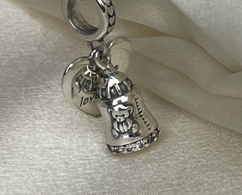 Sterling Silver 925 Baby Foot Bear Bottle You Are Loved Heart Charm Pink Pavé CZ