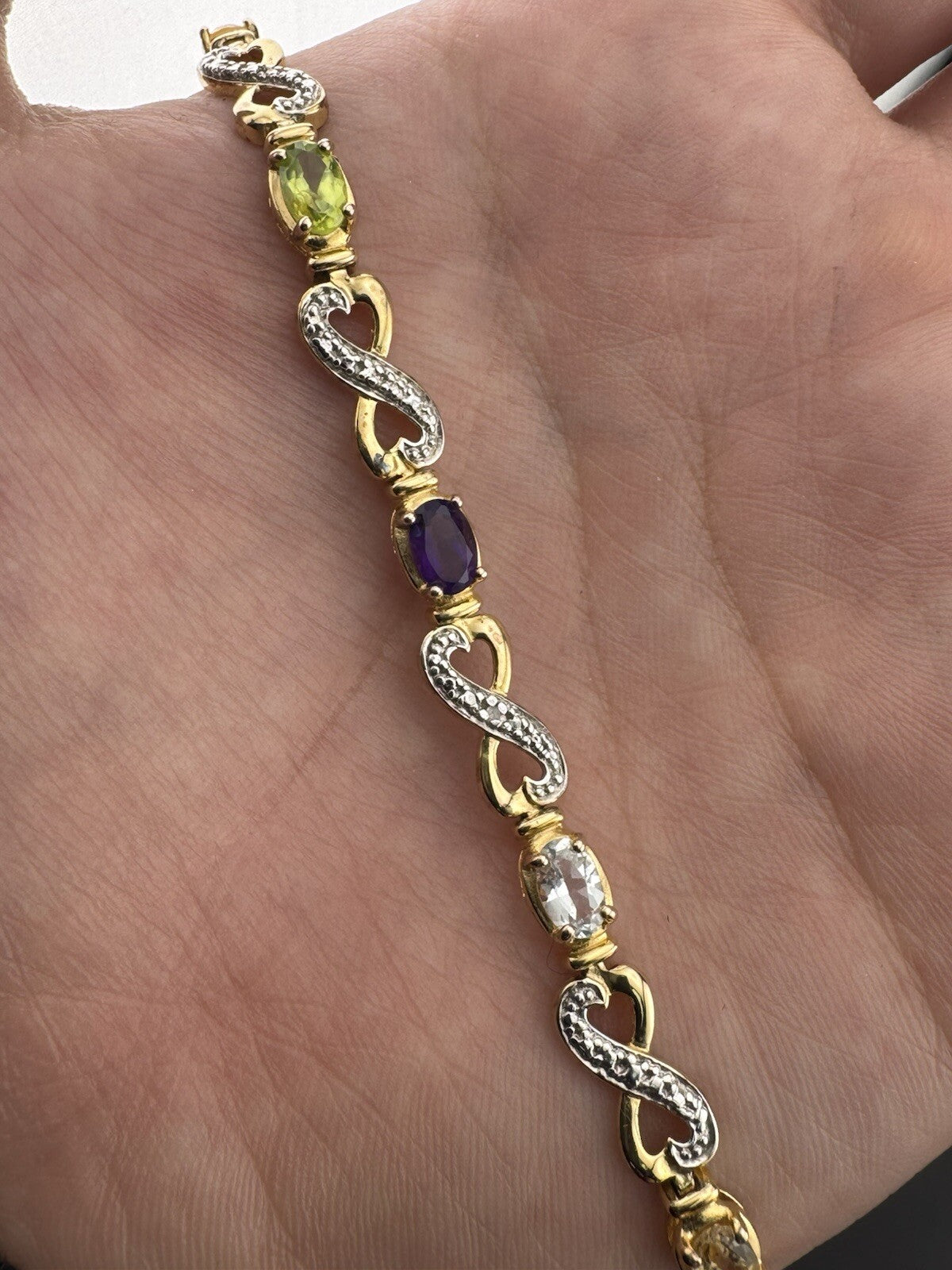 925 Fine Silver Plated Gold Multicolor Gem Infinity Heart XO Bracelet 7.5 10.4G