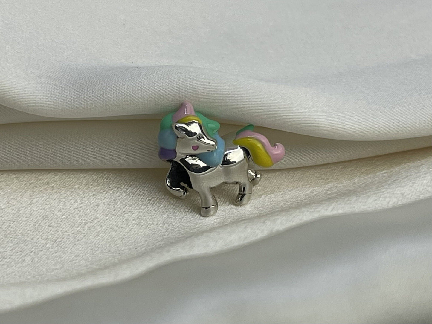 Sterling Silver 925 Enamel Rainbow Cotton Candy Unicorn Horse Pony Heart Charm