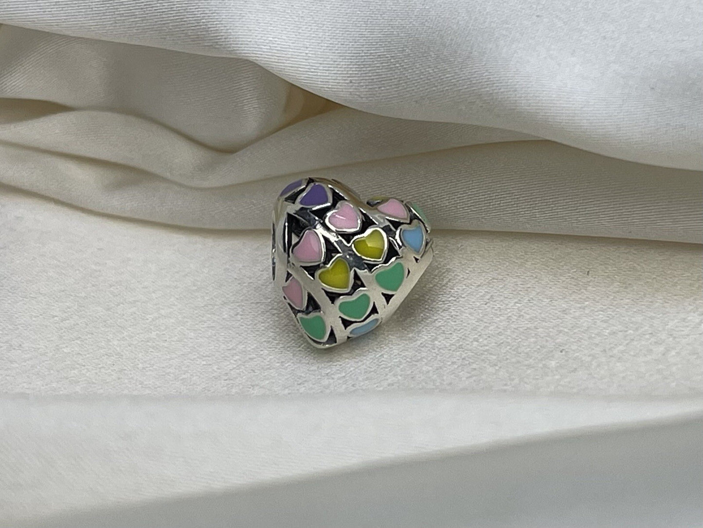 Sterling Silver 925 Enamel Rainbow Heart Love Colorful Bead Charm Pendant