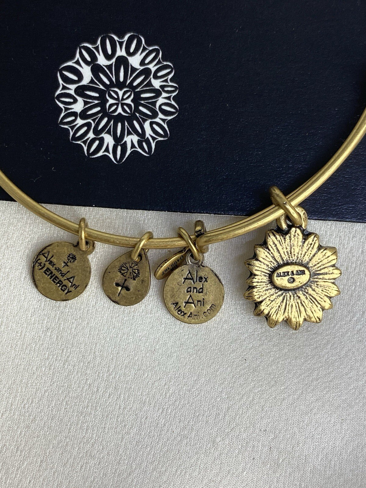 Alex and Ani Water Lily Rafaelian Gold Charm Bangle Adjustable Bracelet Card