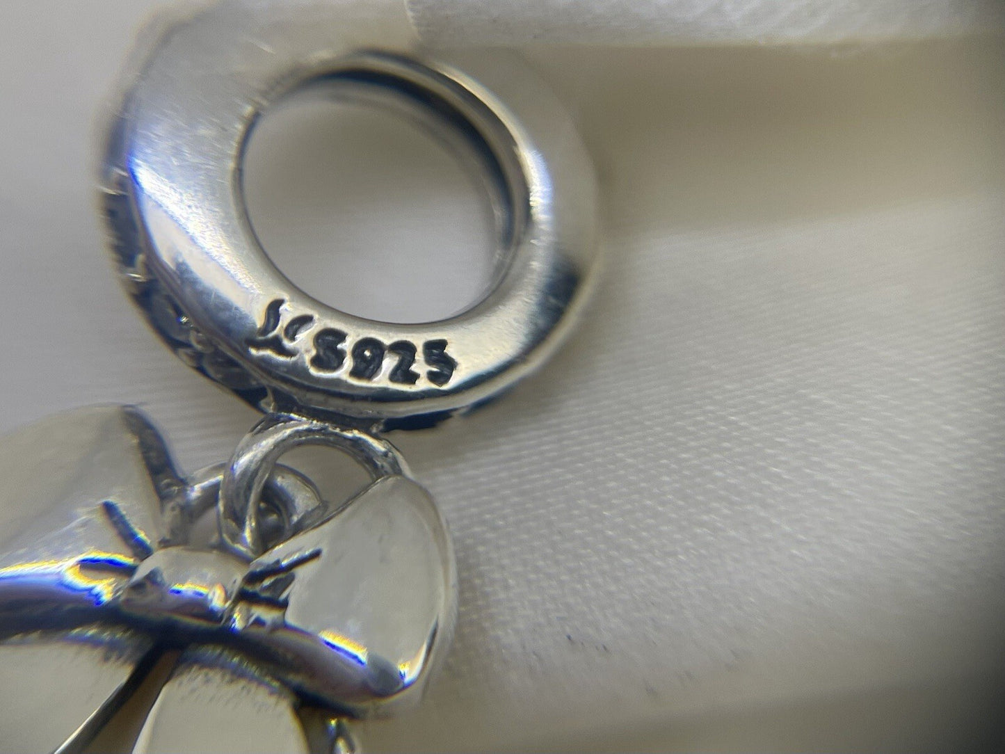 Sterling Silver 925 Enamel Beige Bow Bunny Pearl Cubic Zirconia Dangle Charm