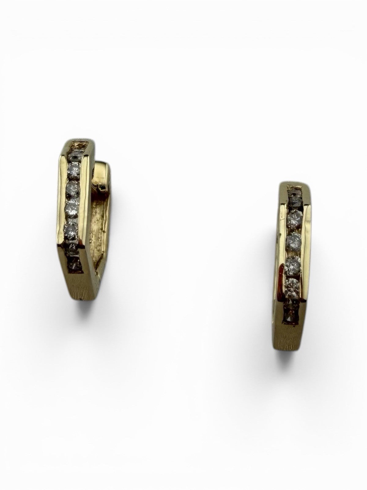14K Yellow Gold Diamond Geometric Huggie Earrings 2.25 Grams Hinged 13.26x2.47mm