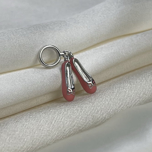 Sterling Silver 925 Cute Enamel Pink Ballet Slipper Ballerina Dance Dangle Charm