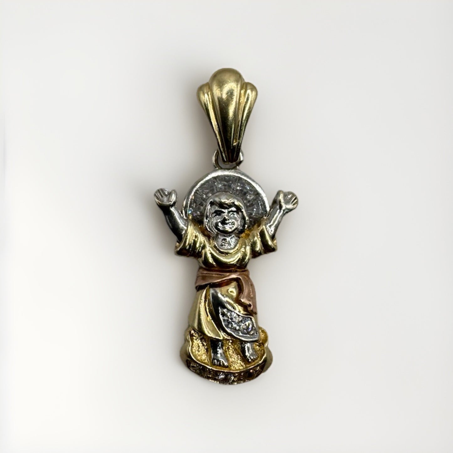 Colgante de Niño Jesús Divino de Oro Tricolor de 14K 3.5 Gramos Dije de 15x30mm