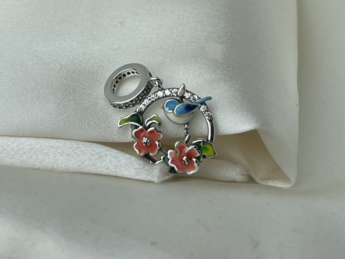 Sterling Silver 925 Enamel Cubic Zirconia Blue Jay Bird On Flowers Dangle Charm