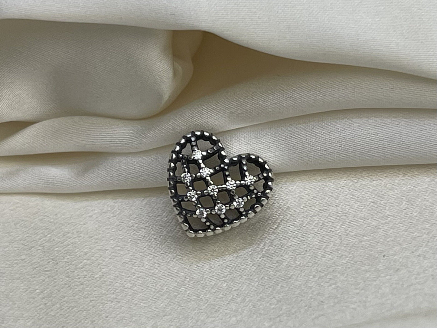 Sterling Silver 925 Retro Hollow Shining Cubic Zirconia Stone Heart Love Charm