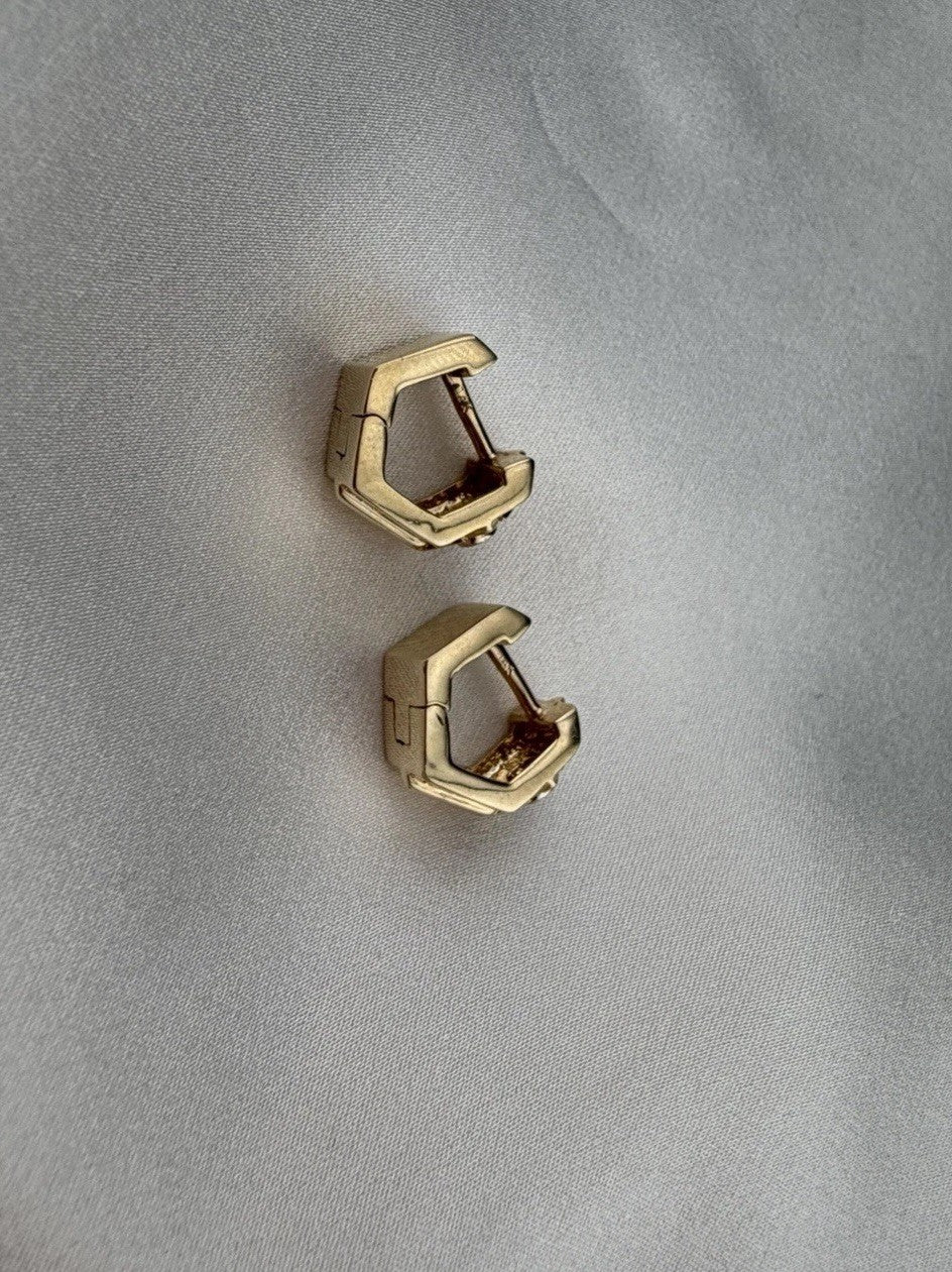 14K Yellow Gold Diamond Geometric Huggie Earrings 5.7 Grams Hinged 13.13x6.59mm