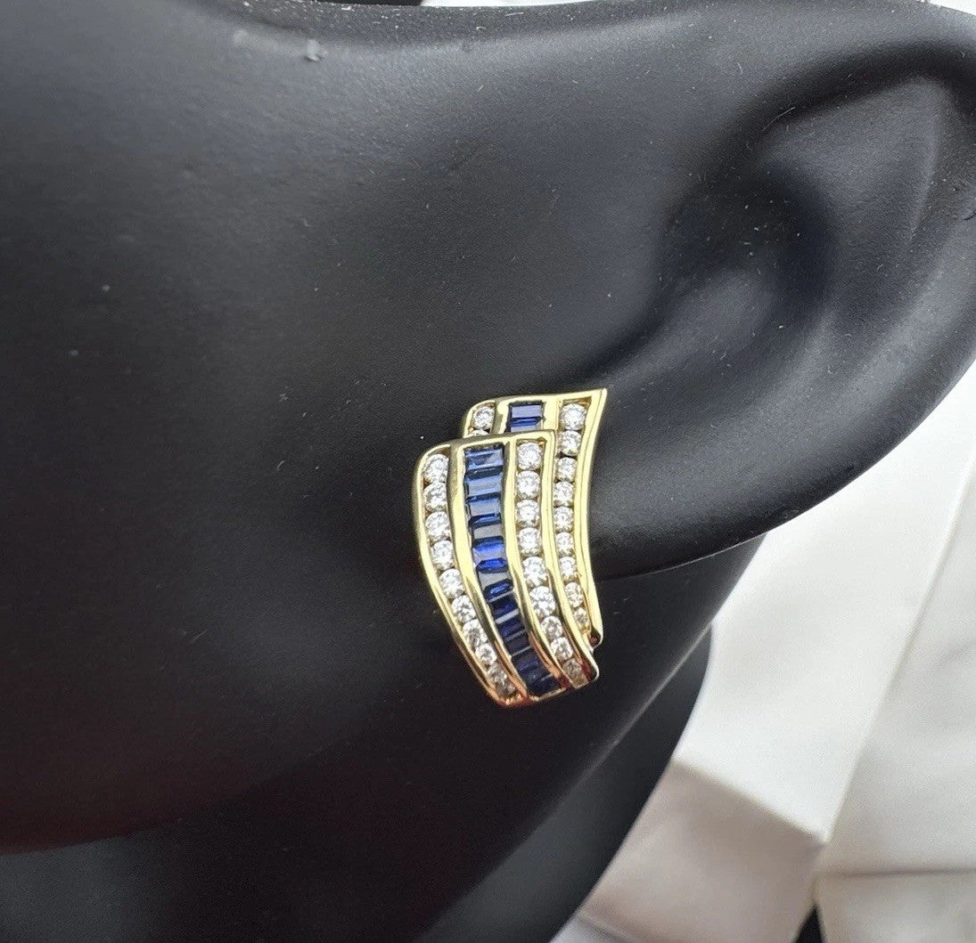 Charles Krypell 18K Yellow Gold Baguette Sapphire & Pave Diamond Earrings 12G