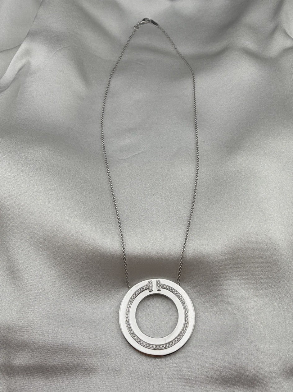 Tiffany & Co. 18k White Gold Diamond T Circle Pendant Necklace Large 30mm 18”