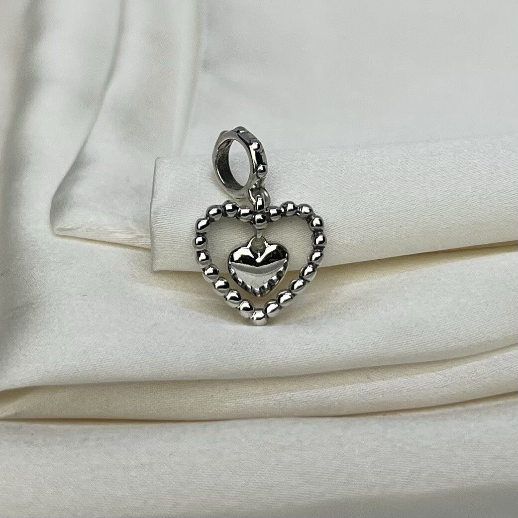 Sterling Silver 925 Red Enamel Heart inside of Heart Dangle Charm
