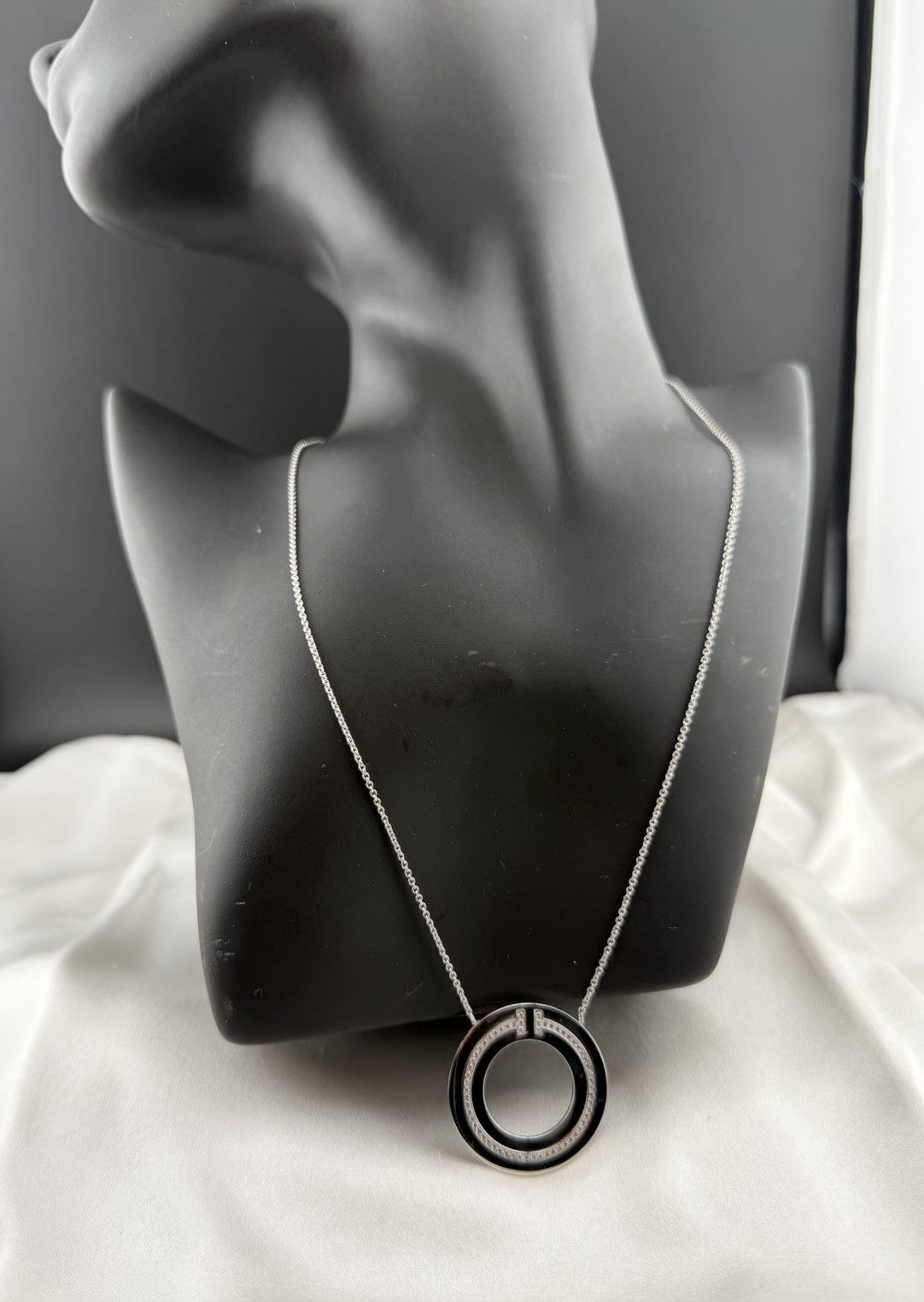 Tiffany & Co. 18k White Gold Diamond T Circle Pendant Necklace Large 30mm 18”