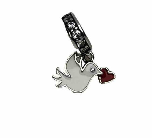Sterling Silver 925 Enamel Red Heart Dove Peace Love Cubic Zirconia Dangle Charm