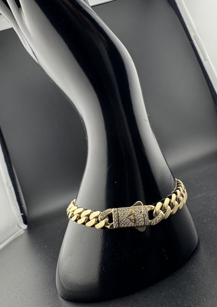 14K Gold Miami Cuban Bracelet 7.5in 6.70mm 9.5G CZ Emblem Bail Push Lock *