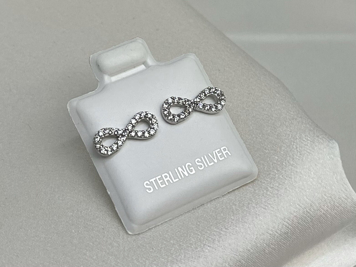 New Sterling Silver 925 5x11mm Infinity Stud Earrings with Cubic Zirconia Symbol