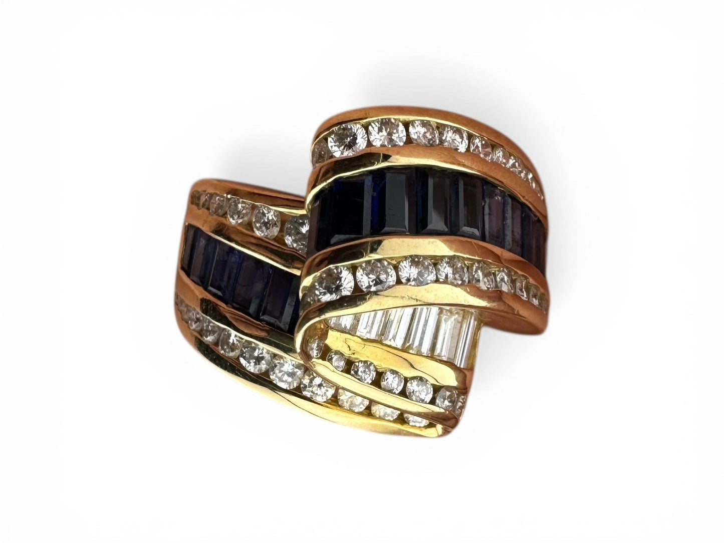 Charles Krypell 18K Yellow Gold Sapphire & Diamond Ribbon Crossover Ring 13.4G