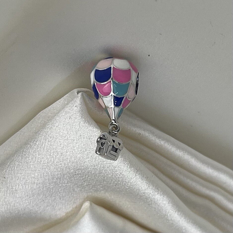 Sterling Silver 925 Enamel Colorful Hot Air Balloon with House Dangle Charm