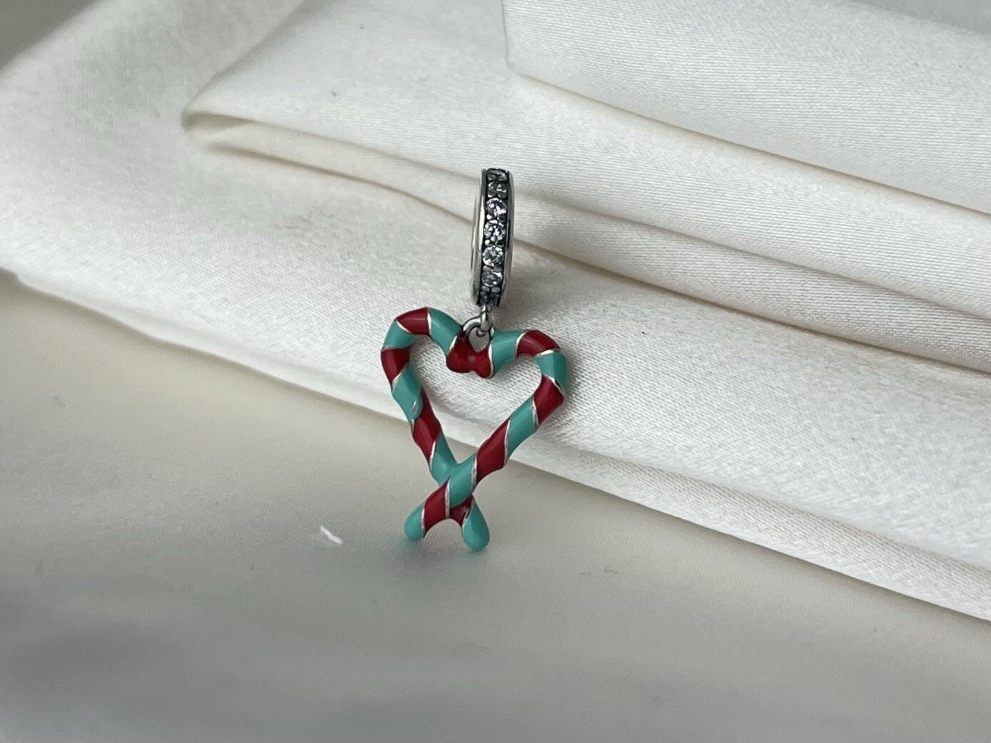Sterling Silver 925Enamel Christmas Candy Cane Heart Dangle Charm CZ