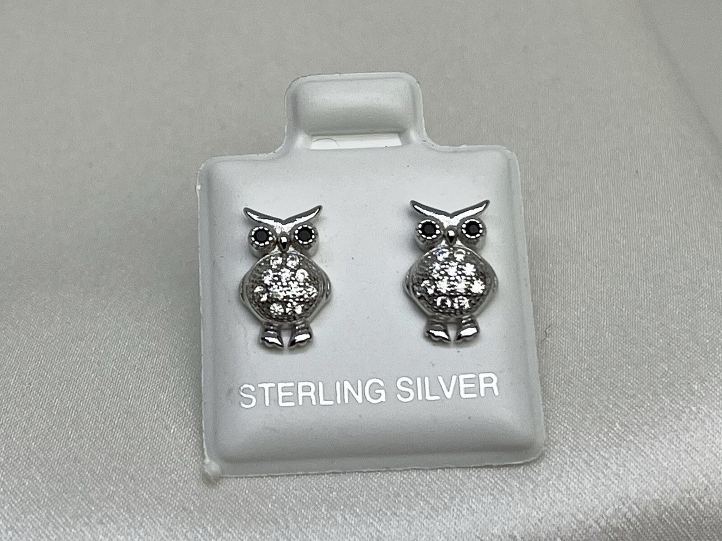 New Sterling Silver 925 7x11mm Owl Stud Earrings Two Tone Cubic Zirconia Stone🦉