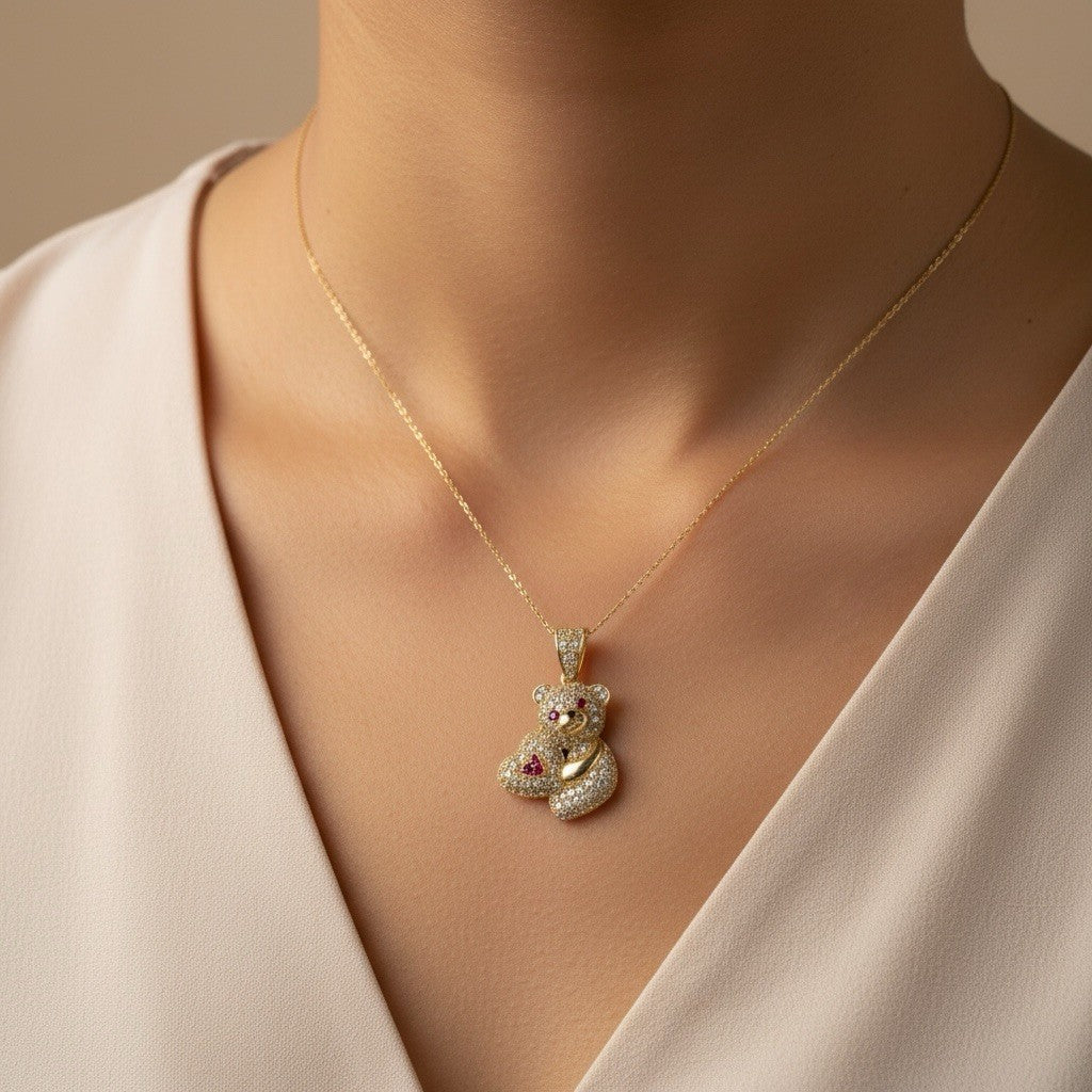 14K Gold Teddy Bear Pendant Sim Diamond Charm 27.88x17.40mm 4.2G Beltran Jewelry