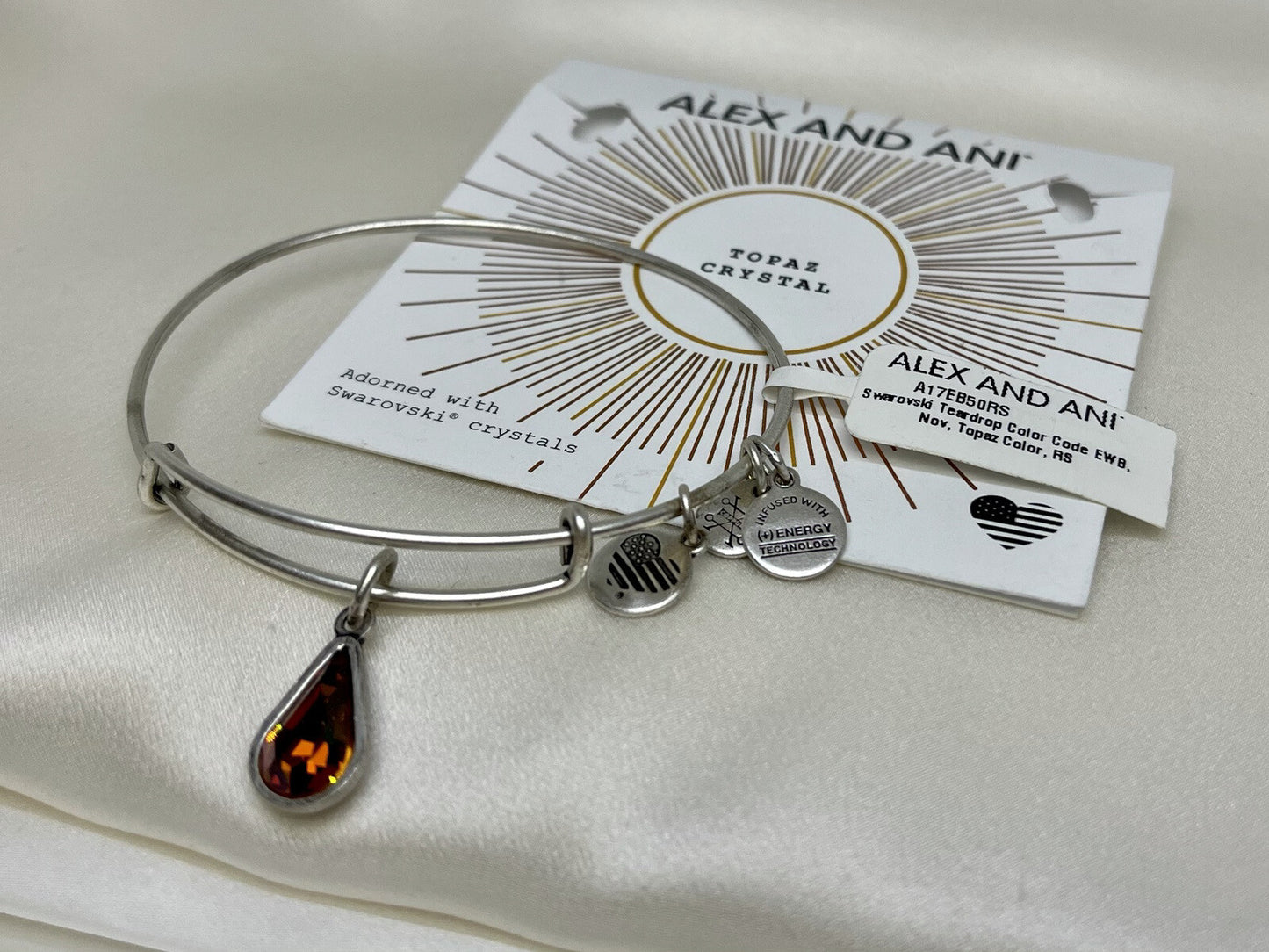 Alex and Ani Swarovski Teardrop Topaz Birth Stone Rafaelian Silver Charm Bangle