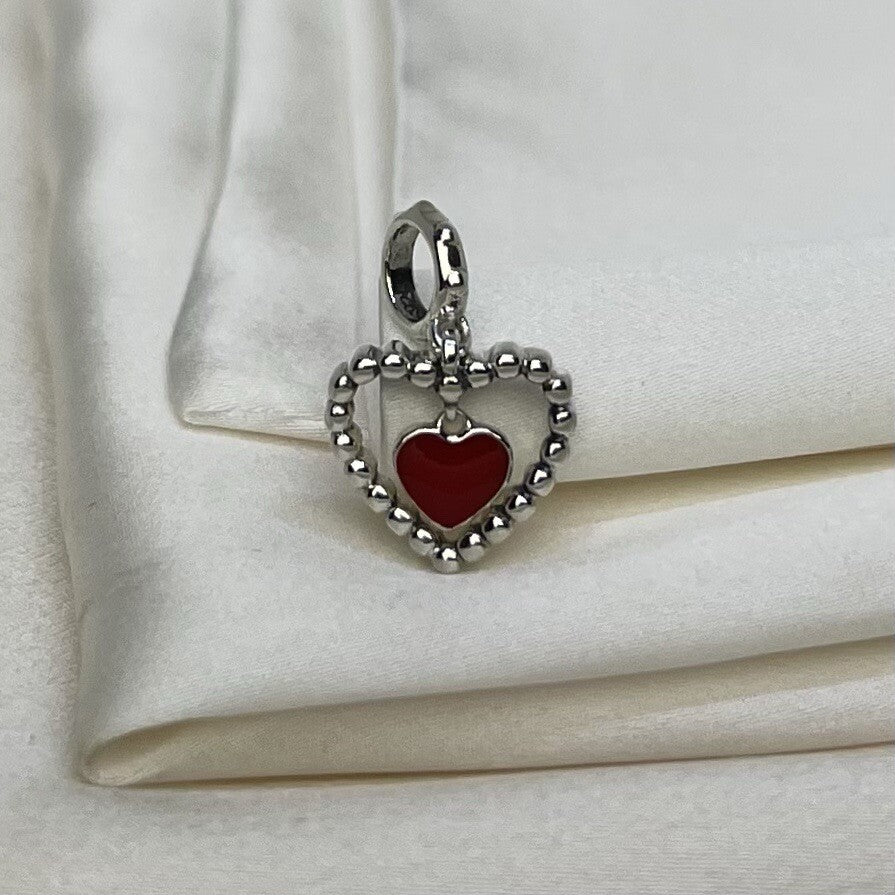 Sterling Silver 925 Red Enamel Heart inside of Heart Dangle Charm