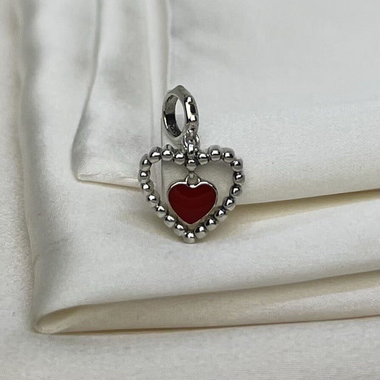 Sterling Silver 925 Red Enamel Heart inside of Heart Dangle Charm