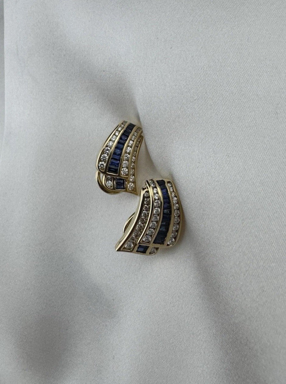 Charles Krypell 18K Yellow Gold Baguette Sapphire & Pave Diamond Earrings 12G
