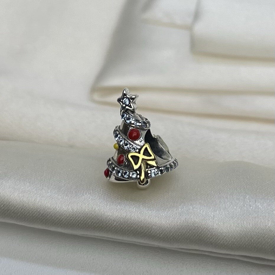 Sterling Silver 925 Blue CZ Stones Enamel Christmas Tree Holiday Festive Charm
