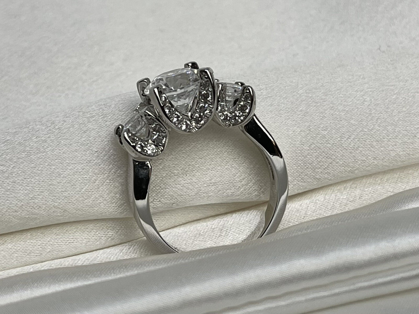 Princess Three Stone Engagement Cubic Zirconia Ring Rhodium Sterling Silver 925