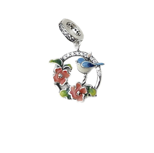 Sterling Silver 925 Enamel Cubic Zirconia Blue Jay Bird On Flowers Dangle Charm