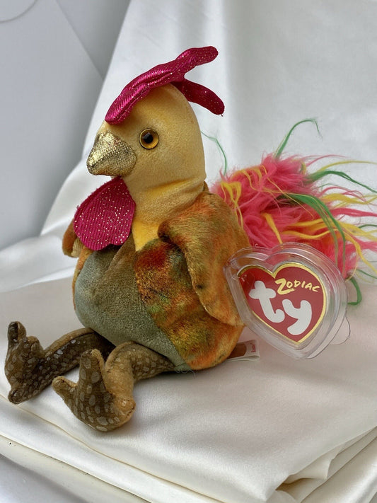 Rare Retired Ty Beanie Baby Rooster Zodiac 2000 Mint P.E. Pellets With Errors