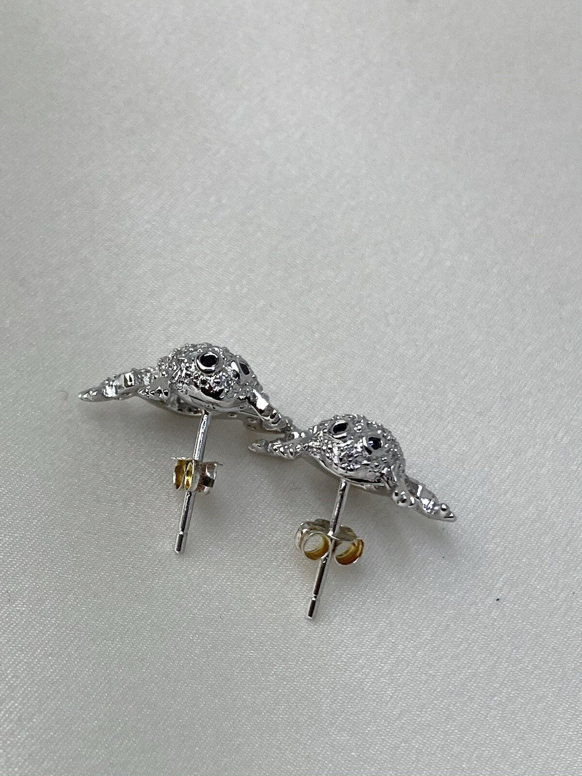 New Sterling Silver 925 11x17mm Frog Stud Earrings Two Tone Cubic Zirconia Stone