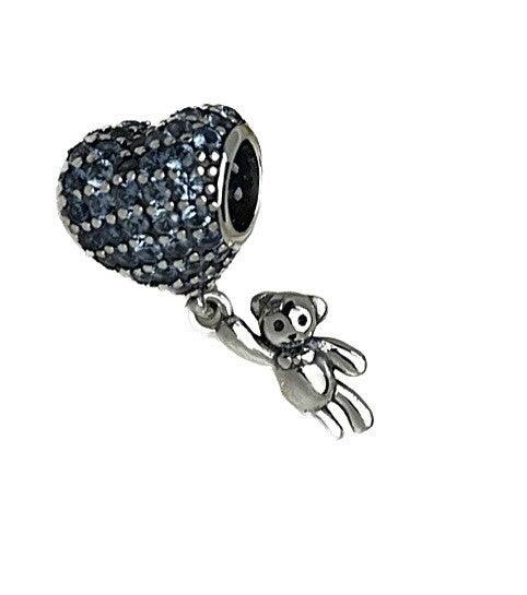 Sterling Silver 925 Blue Cubic Zirconia Love Heart Balloon & Dangling Bear Charm