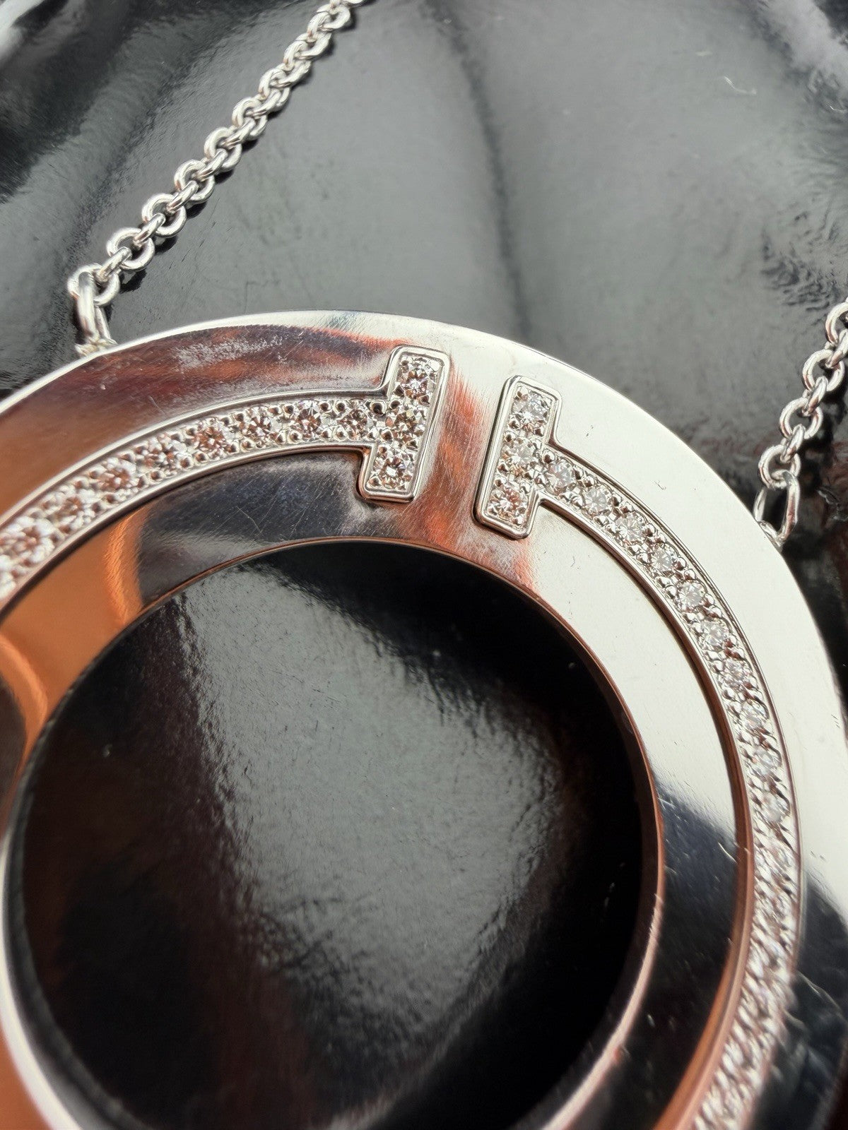 Tiffany & Co. 18k White Gold Diamond T Circle Pendant Necklace Large 30mm 18”