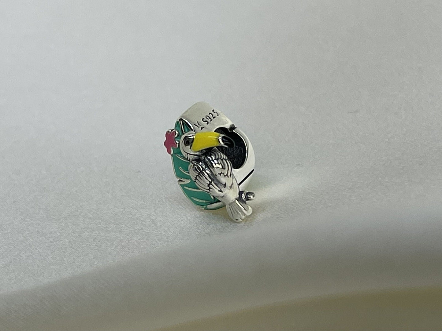 Sterling Silver 925 Enamel Vibrant Jungle Toucan Bird On Flower Tropical Charm