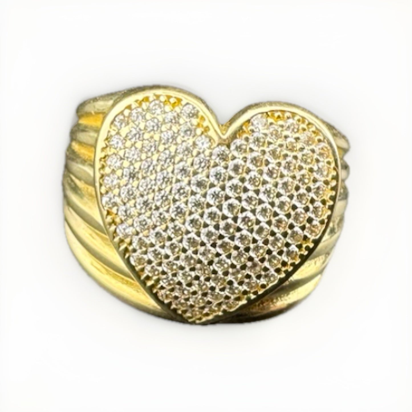14K Gold Beltran Heart Ring Sz 6.5 Small 20mm 5.2 Gram Pave Textured Sim Diamond
