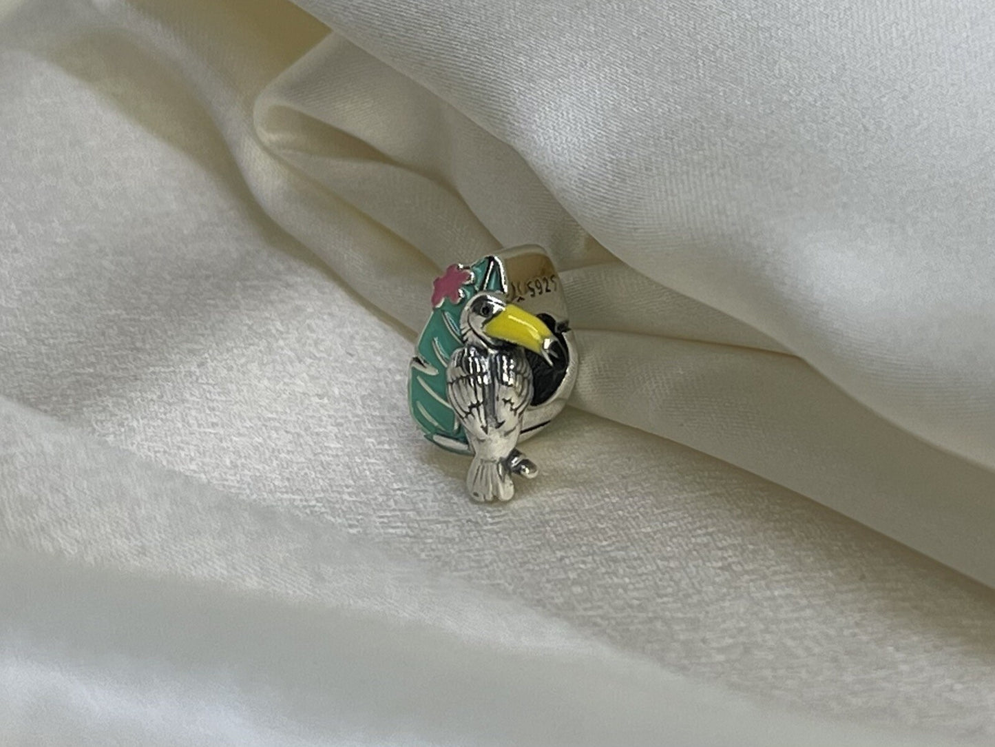 Sterling Silver 925 Enamel Vibrant Jungle Toucan Bird On Flower Tropical Charm