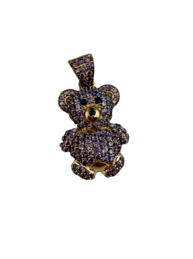 14K Gold Teddy Bear Pendant Purple Simulated Diamond Black Eyes 4.7 Gram 16x28mm