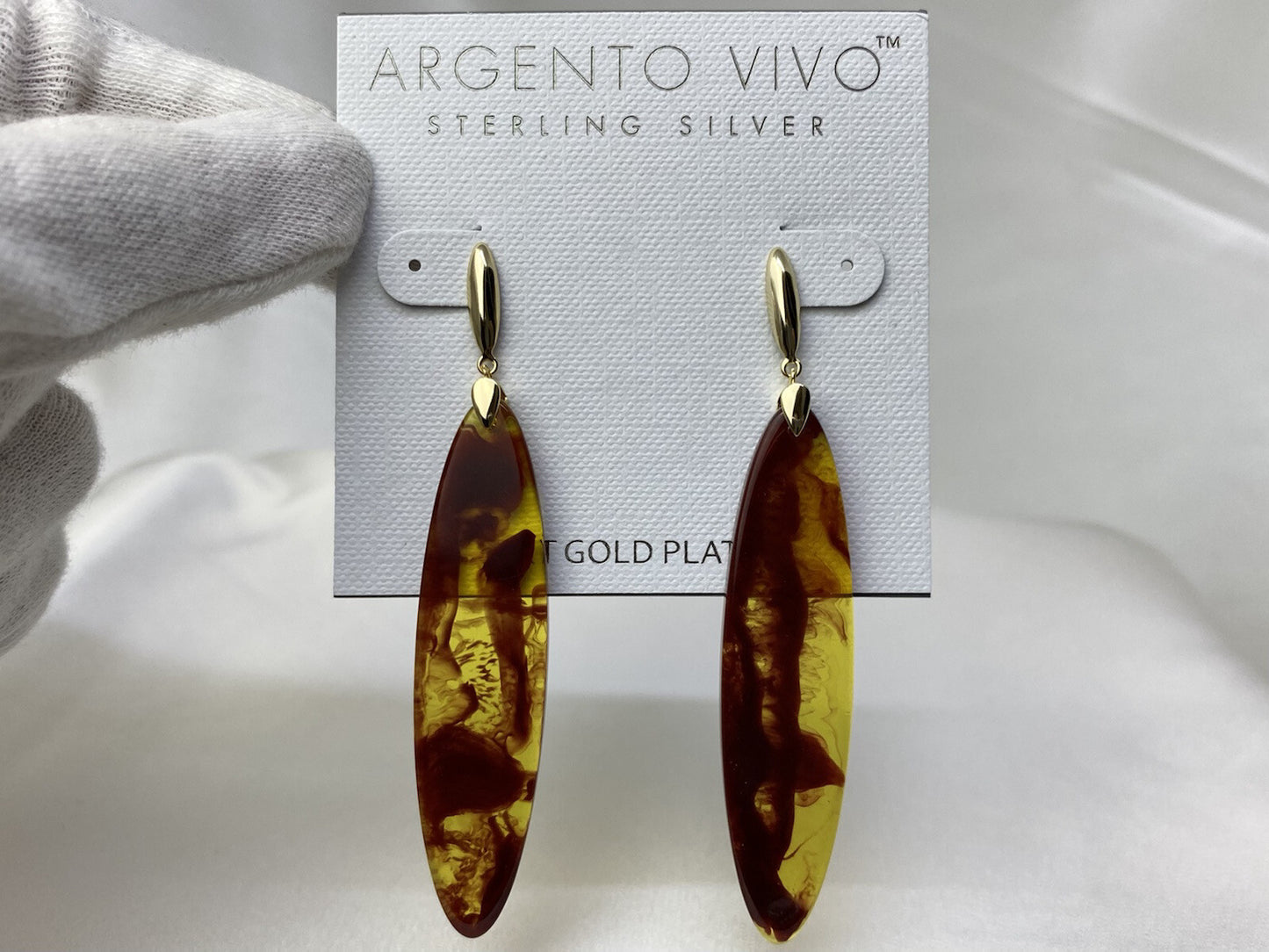 Argento Vivo S 925 14k Yellow Gold Plated Marble 74x14mm Long Dangling Earrings