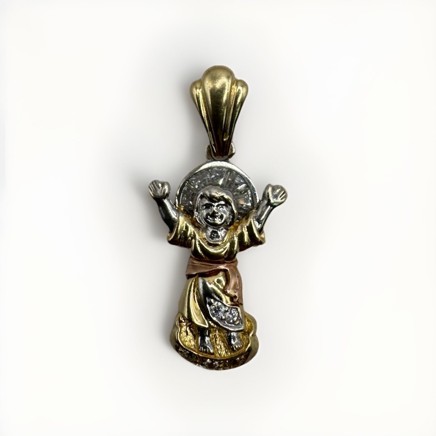 Colgante de Niño Jesús Divino de Oro Tricolor de 14K 3.5 Gramos Dije de 15x30mm