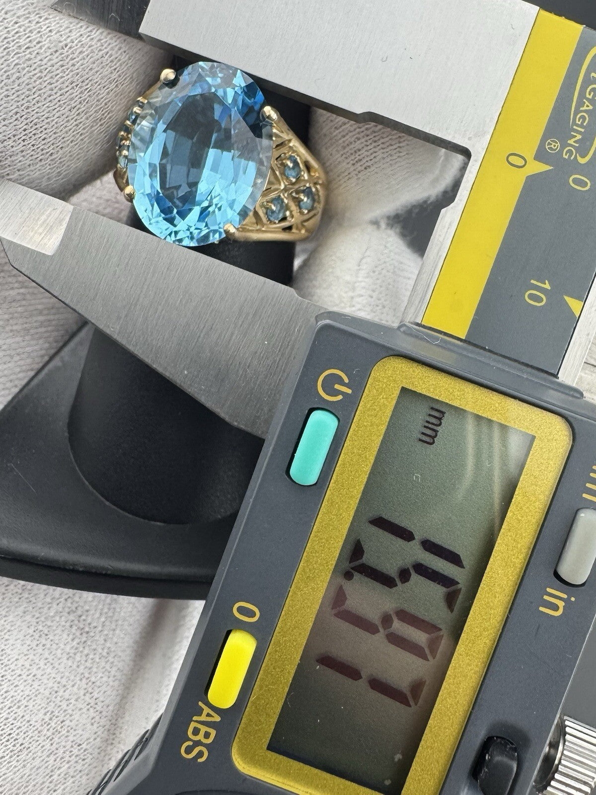 14K Gold Simulated Blue Topaz 16x13mm Cocktail Ring W Stones Sz 7, 7.4 Grams