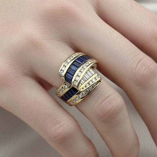 Charles Krypell 18K Yellow Gold Sapphire & Diamond Ribbon Crossover Ring 13.4G