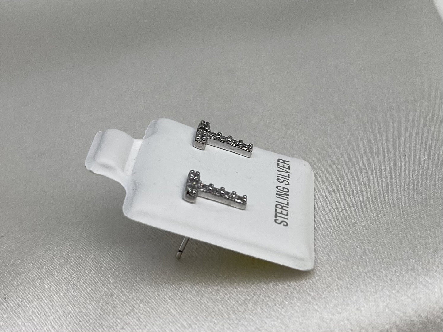New Sterling Silver 925 8x5mm T Letter Stud Earrings with Cubic Zirconia