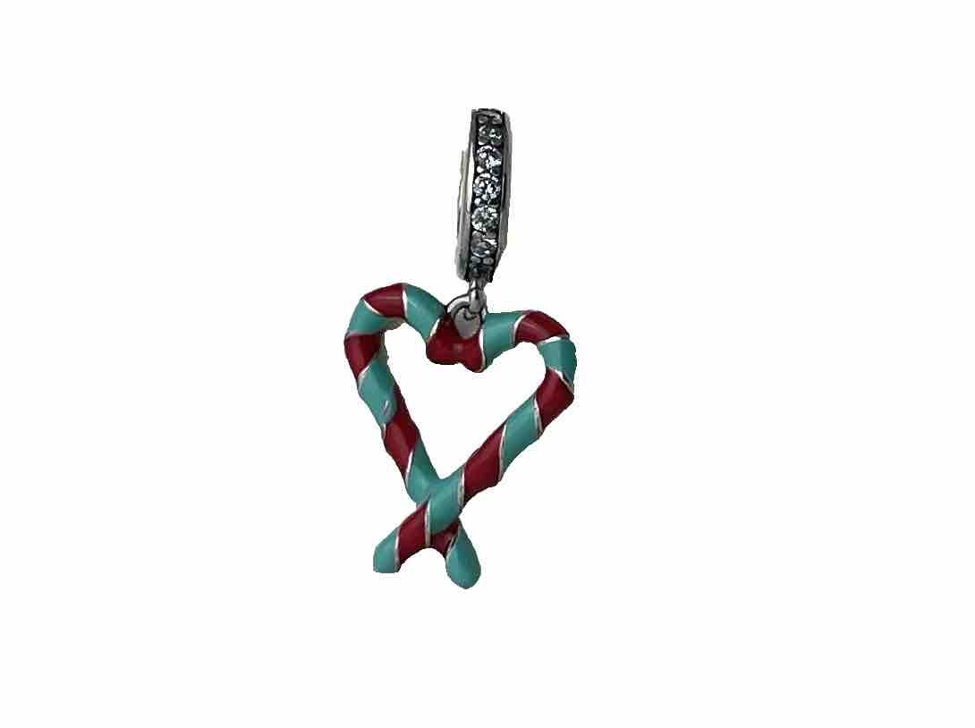 Sterling Silver 925Enamel Christmas Candy Cane Heart Dangle Charm CZ