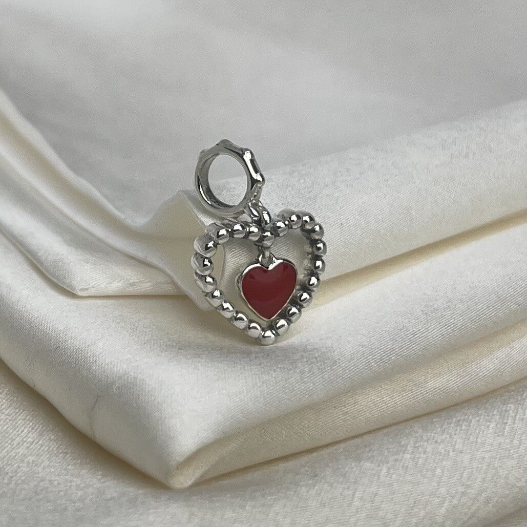 Sterling Silver 925 Red Enamel Heart inside of Heart Dangle Charm