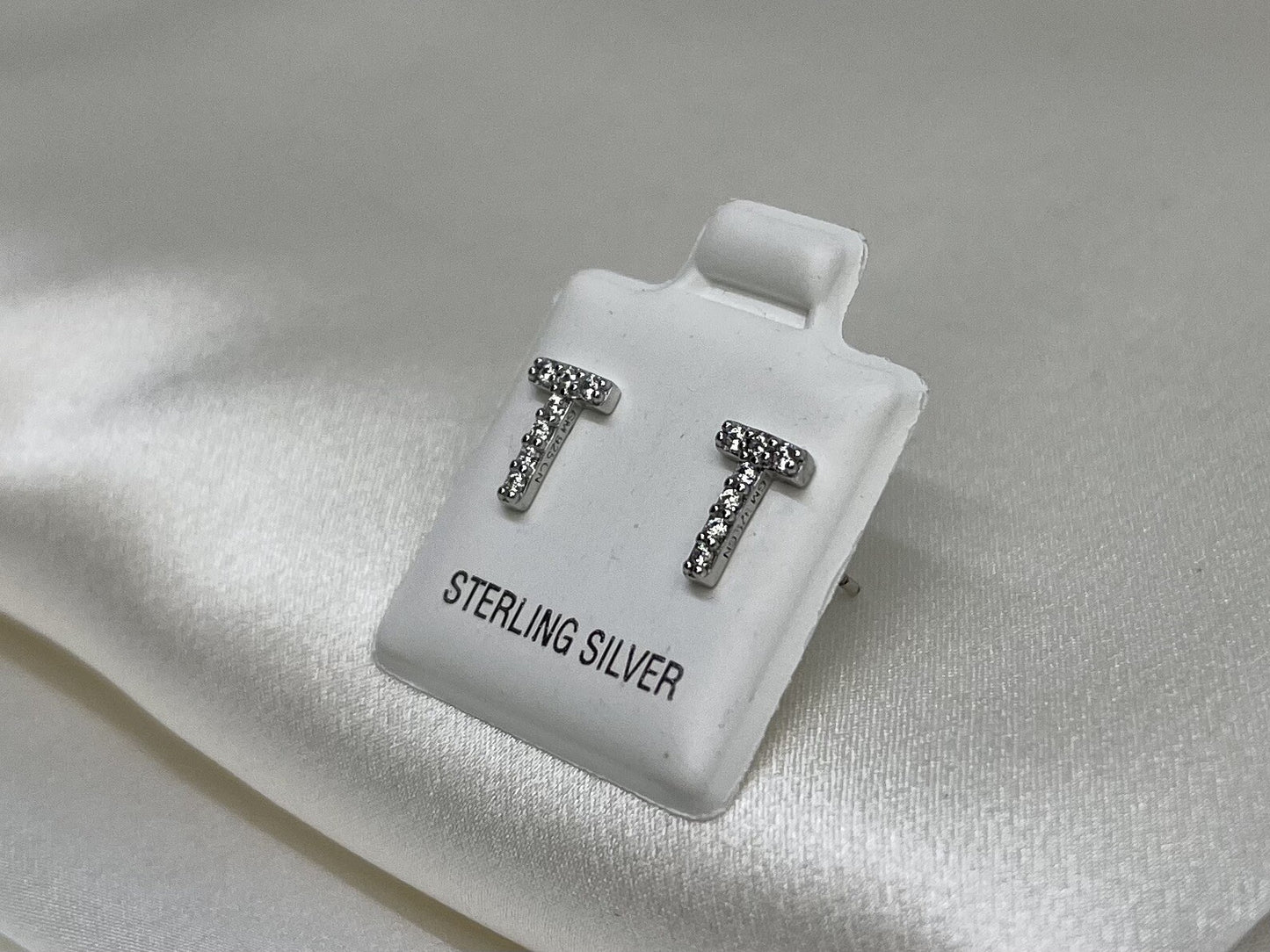New Sterling Silver 925 8x5mm T Letter Stud Earrings with Cubic Zirconia