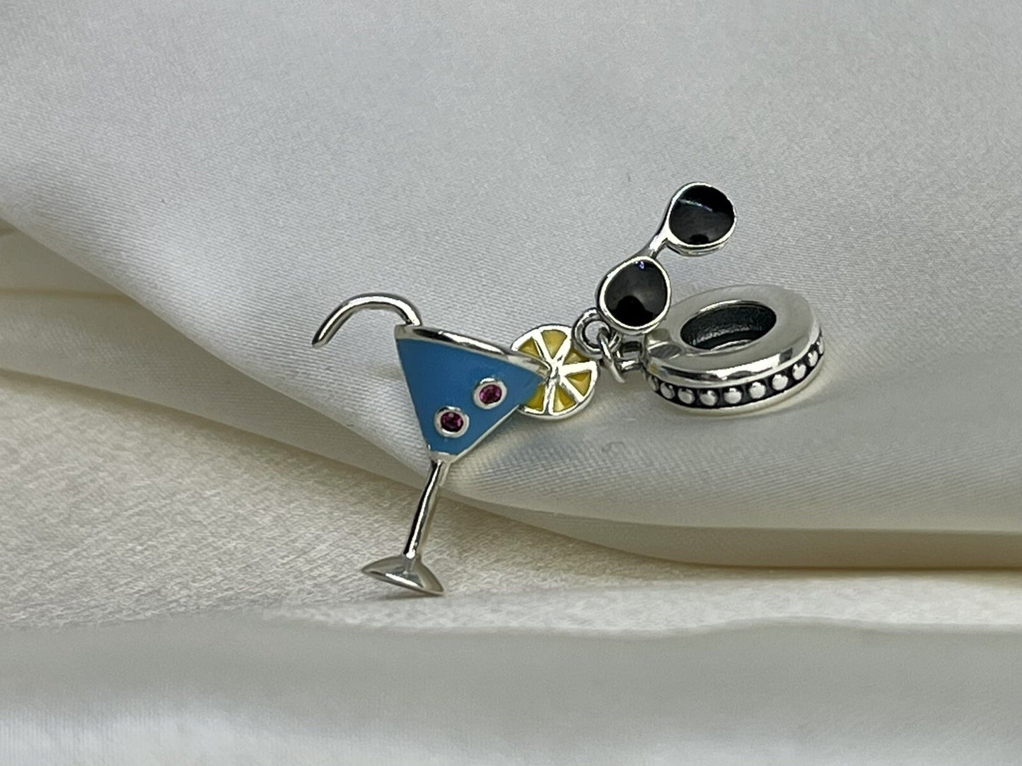 Sterling Silver 925 Charm Summer Cold Drink CZ Stone Enamel Sunglasses Lemon
