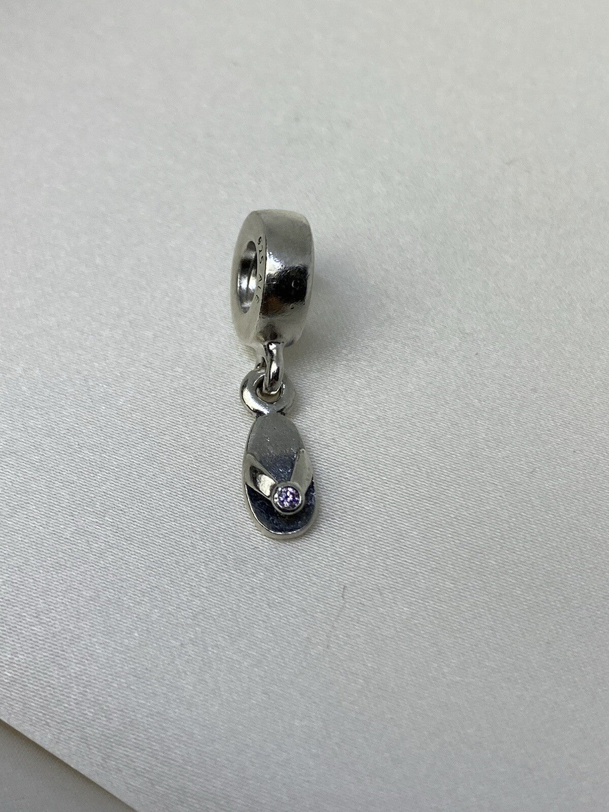 Pandora Vintage Sterling Silver 925 Purple CZ 4.5mm Flip Flop Dangle Bead Charm