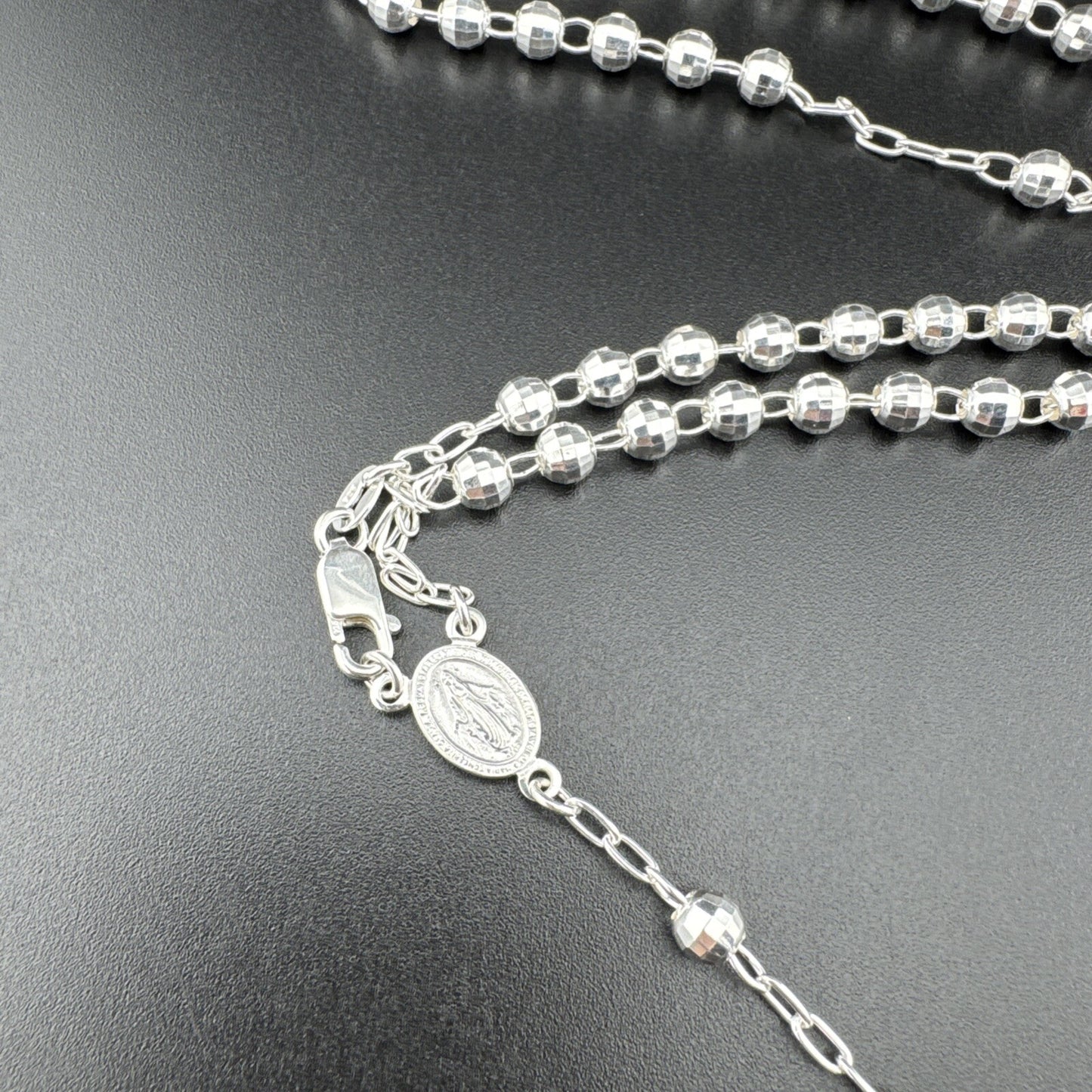 Sterling Silver 925 Rosary Necklace with Mother Mary & Jesus Cross, 24in, 20g